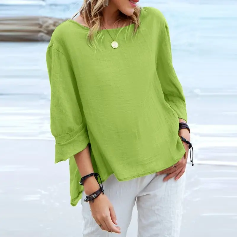 

2022 Summer Women's Round Neck Mid Sleeve Top Ladies Casual Tunic Asymmetric Stitching Cuffs Tops Mujer