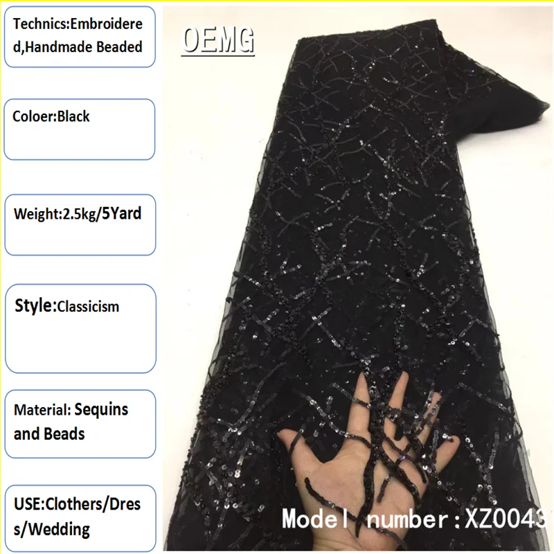 

OEMG African Hot Sale Lace Fabric 2022 Black High Quality With Stones Embroidery French Nigerian Lace Fabric For Wedding XZ0043