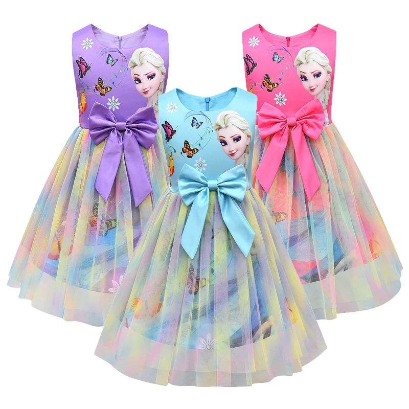 

Children Girls Cartoon Elsa Princess Dress Summer Kids Rainbow Colors Bow Sleeveless Dresses For Girl Frozen Party Princess Gown