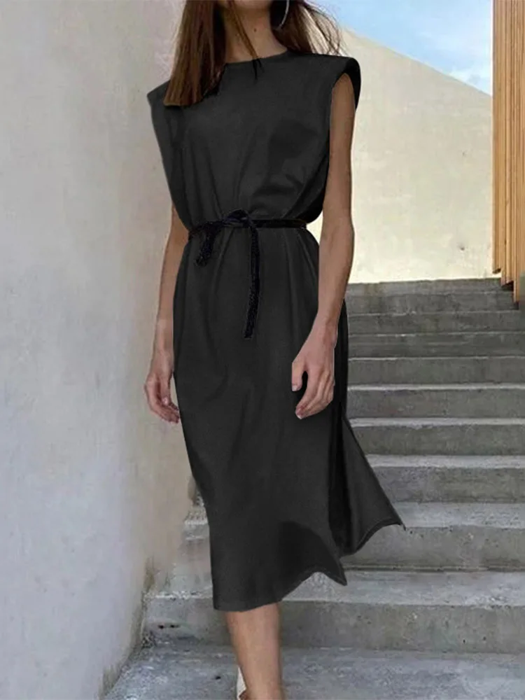 

Celmia Holiday Shoulder Pad Sundress O Neck Sleeveless Summer Hem Slit Women Dress Fashion Vintage Solid Color Casual Tank Dress