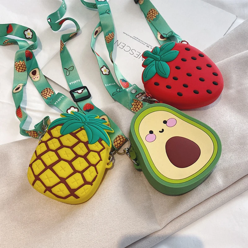 

Детская Наплечная Сумка с мультяшными фруктами, силиконовая сумка-мессенджер с авокадо, клубникой, ананасом, детская сумка, сумки через пле...