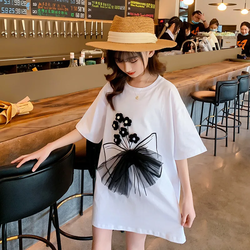 

Children Clothes Girl Summer T-shirt White Mid-length Virgin Girls Short Sleeve Flowers T Shirt Fashion Teenager O-neck Tops 8 Y