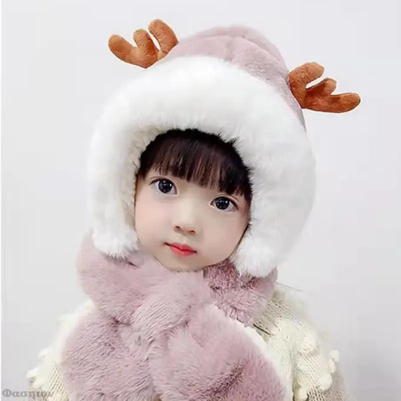 

Зимняя Детская шапка-шарф с оленем и оленем, цельная теплая мягкая плюшевая шапка с защитой шеи и ушами, ветрозащитная шапка для маленьких м...