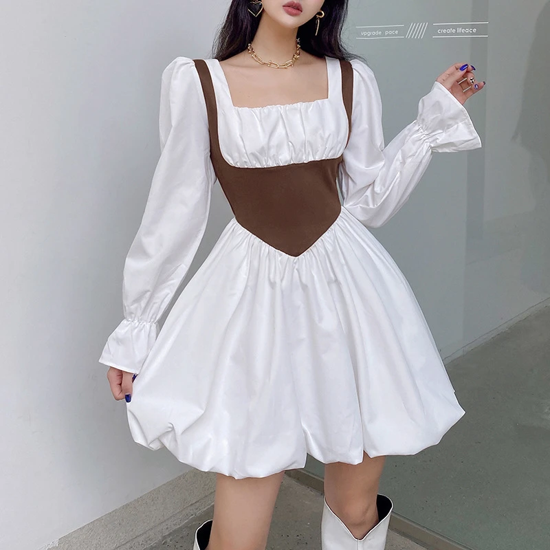 

Spring Fashion Slim Sexy Party Contrast Color Long Puff Sleeve A-line Dresses for Women Square Neck Vintage Girl Mini Dress