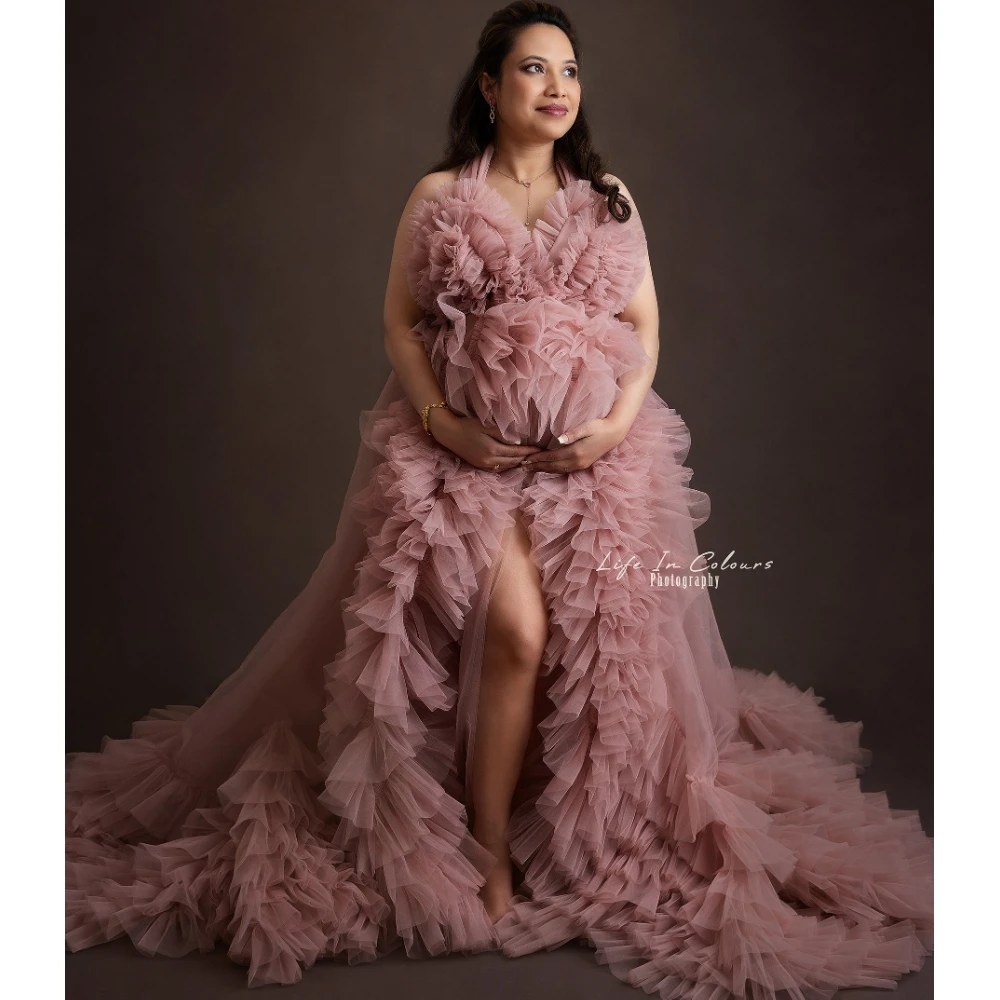 Pink Halter Maternity Dresses For Photo Shoot Ruffels Sleeveless Women Pregnant Gowns Puffy Front Split Tulle Babyshower