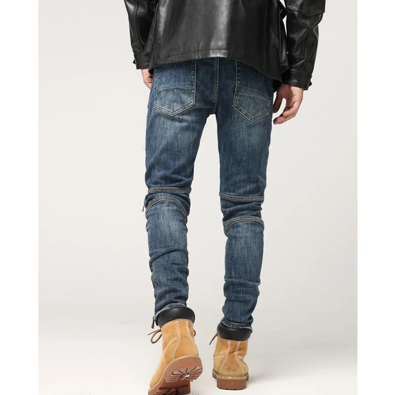 Streetwear Men New Pattern Knee Zipper Blue Jeans Self-cultivation Recreational Neutral Pencil Pants Autumn and Winter Female