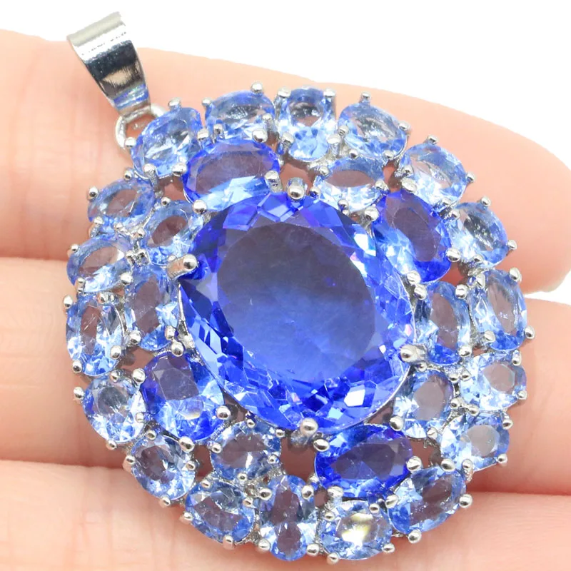 Большой очаровательный драгоценный камень 45x33 мм 10 г сине-фиолетовый танзанит Малина родолит гранат Белый CZ подарок на день рождения серебряный кулон