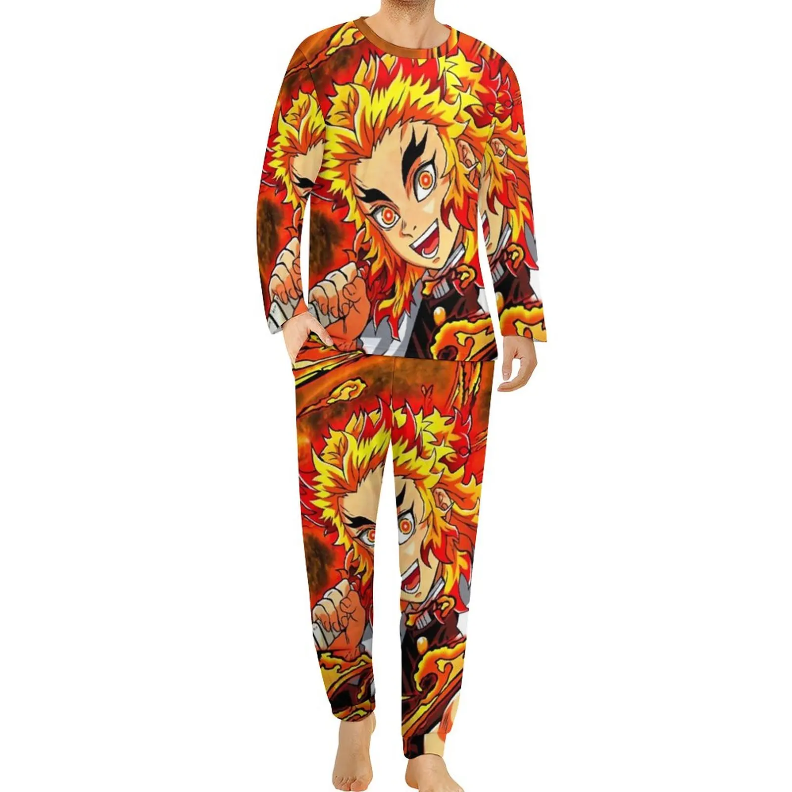 

Demon Slayer Pajamas Man The Flame Hashira Cute Sleepwear Winter Long Sleeves 2 Pieces Casual Pattern Pajama Sets Big Size 5XL