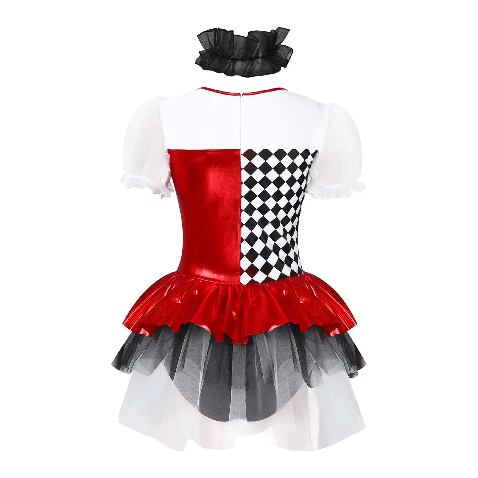 Womens Clown Circus Joker Costume Puff Sleeve Layered Skirted Leotard with Neckwear Halloween Carnival Party Cosplay Dress Up images - 6