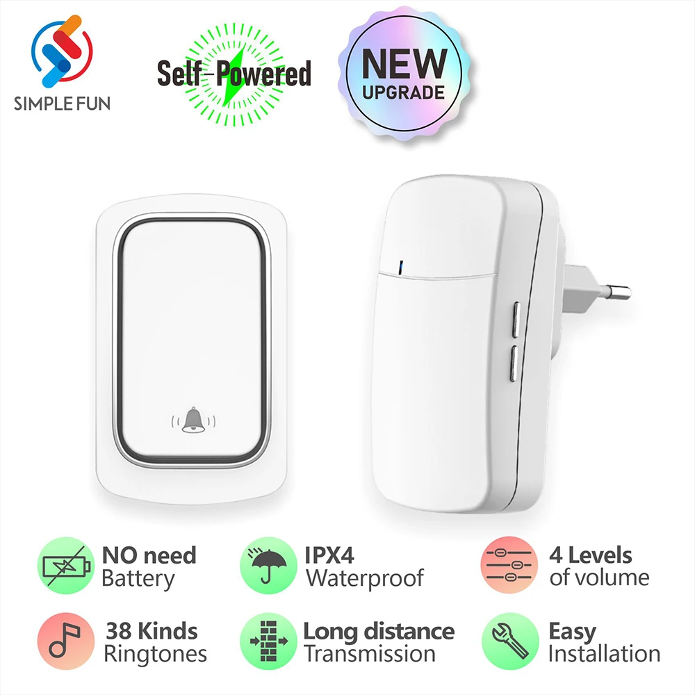 

Smart Outdoor Wireless Doorbell Without Battery Waterproof Wireless Bell 2 In 1 EU Plug Pager Self-powered Button Ring Doorbell