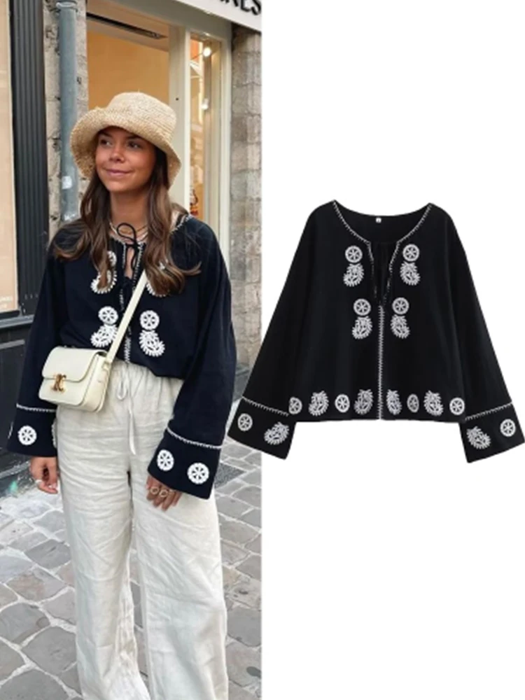 

PUWD Casual Women Black Cotton Cardigans 2023 Summer Vintage Lace-up Floral Embroidery Long Sleeves Tops Female Knitwears Chic