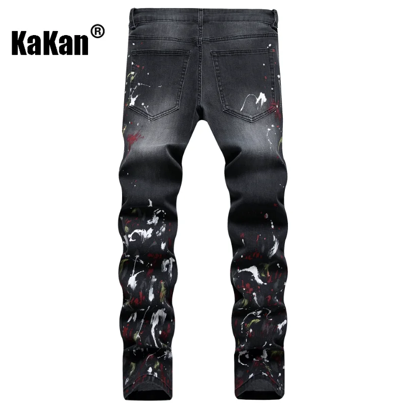 Kakan - New Distressed Painted Jeans for Men, Stretch Trend Personalized Slim Fit Small Feet Black Long Jeans K19-1150