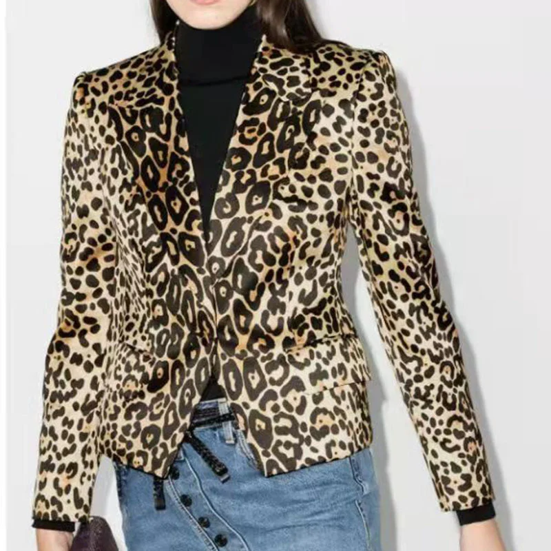 

23 New Runway Leopard Print Pure Cotton Suit Jacket Fashion Classic Long Sleeve Lapel Single Button Slim Blazer Women's Clothes