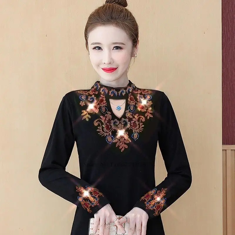 

Женская рубашка с цветочными блестками, Базовая рубашка в стиле ретро, женская рубашка с высоким воротником в национальном стиле, китайский винтажный топ с длинными рукавами, Восточный костюм Тан, 2023