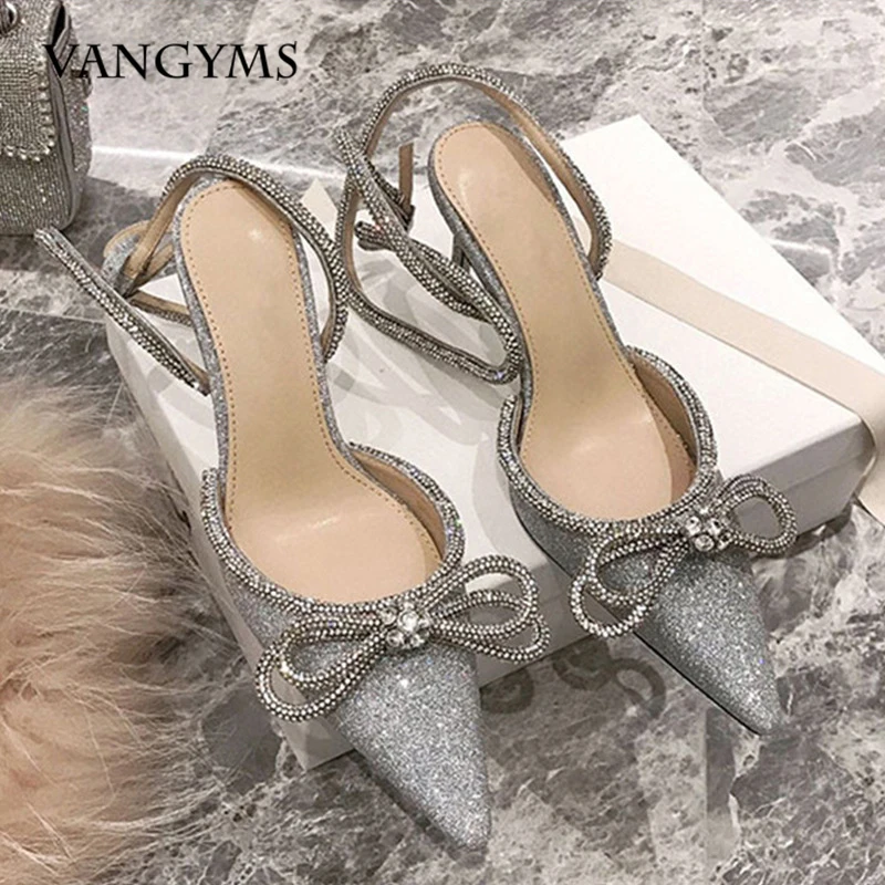 

2022 Summer Glitter Rhinestones Women Pumps Crystal Bowknot Satin Sandals Transparent Shoes High Heels Party Prom Designer Shoes
