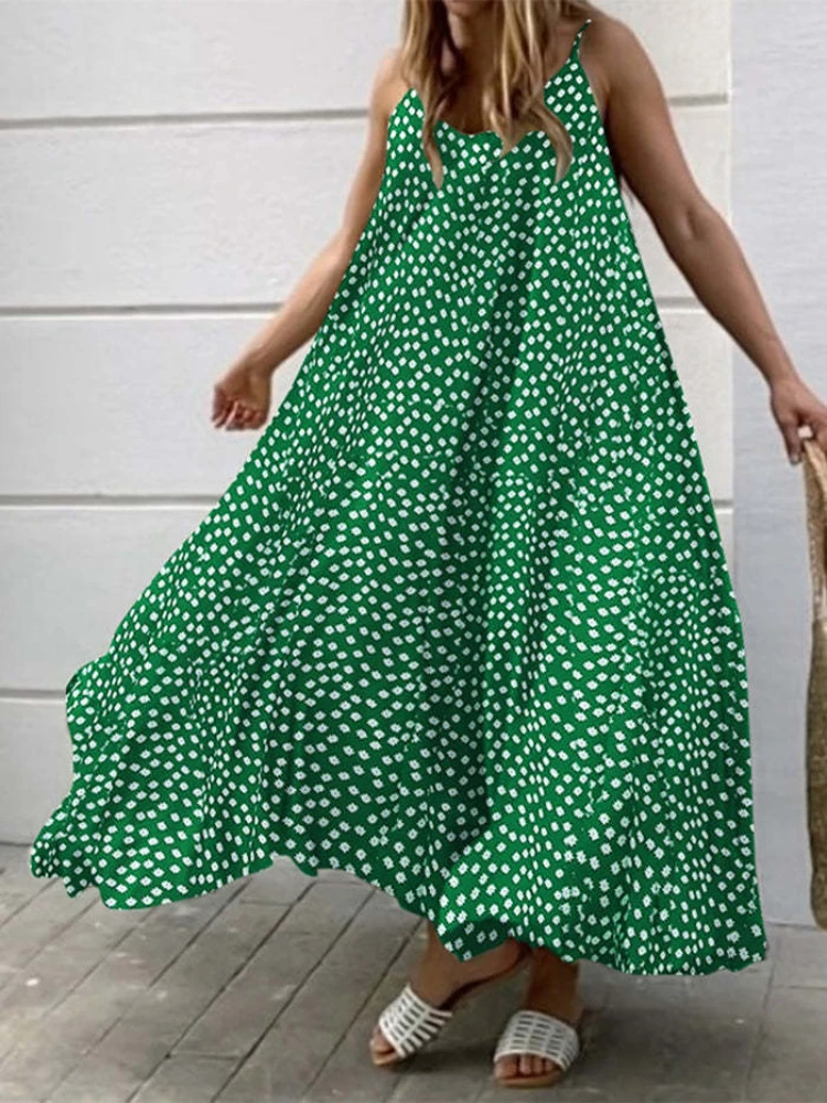 

Vintage Green Yellow Black Floral Print Dress Sexy Party Night Club Boho Beach Spaghetti Strap Loose Long Maxi Dresses Summer