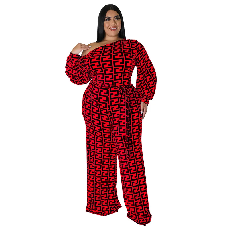 Plus Size Women's Sexy Off Shoulder Jumpsuit 2022 Autumn New Fashion Party Printed Street Pants Work Wear Wholesale DropShipping