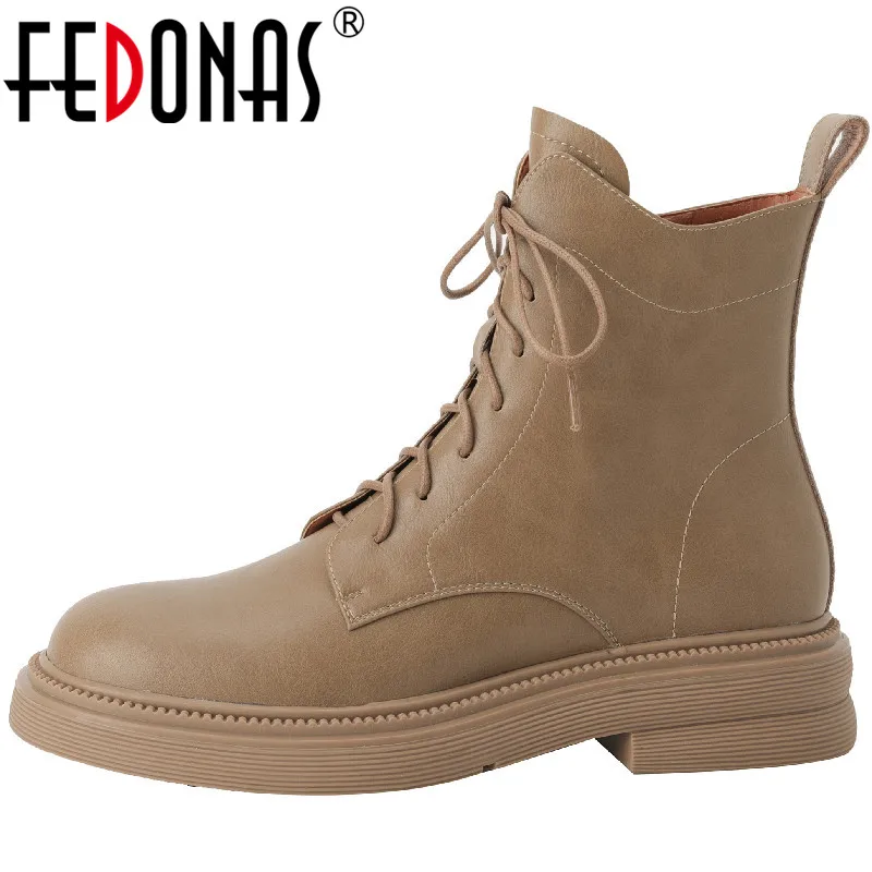 

FEDONAS 2022 Women Genuine Leather Ankle Boots Autumn Winter Fashion Working Outdoor Casual Thick Heels Cross-Tied Shoes Woman