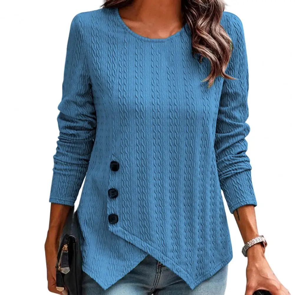 

Женская жаккардовая блузка с асимметричным подолом, круглым вырезом и длинными рукавами