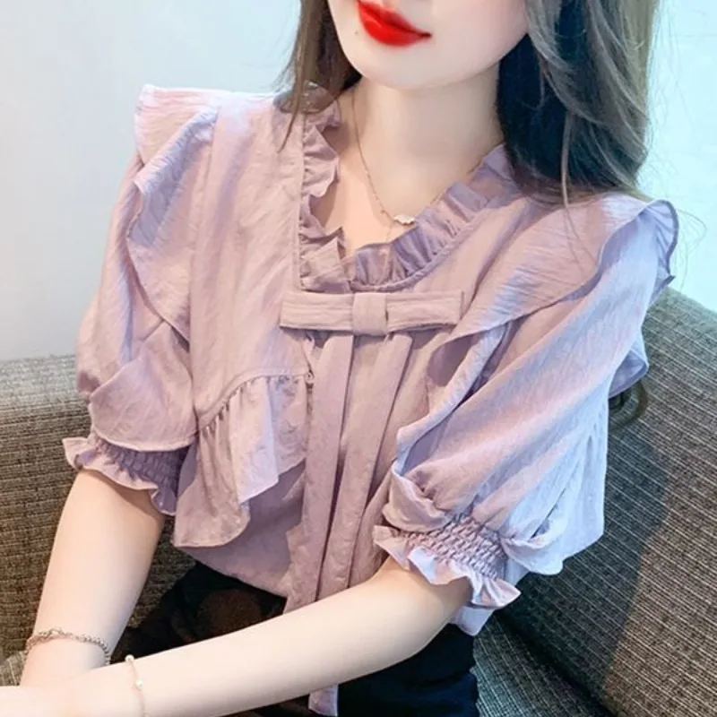 Модные шифоновые рубашки с оборками на воротнике и коротким рукавом Новинка лета