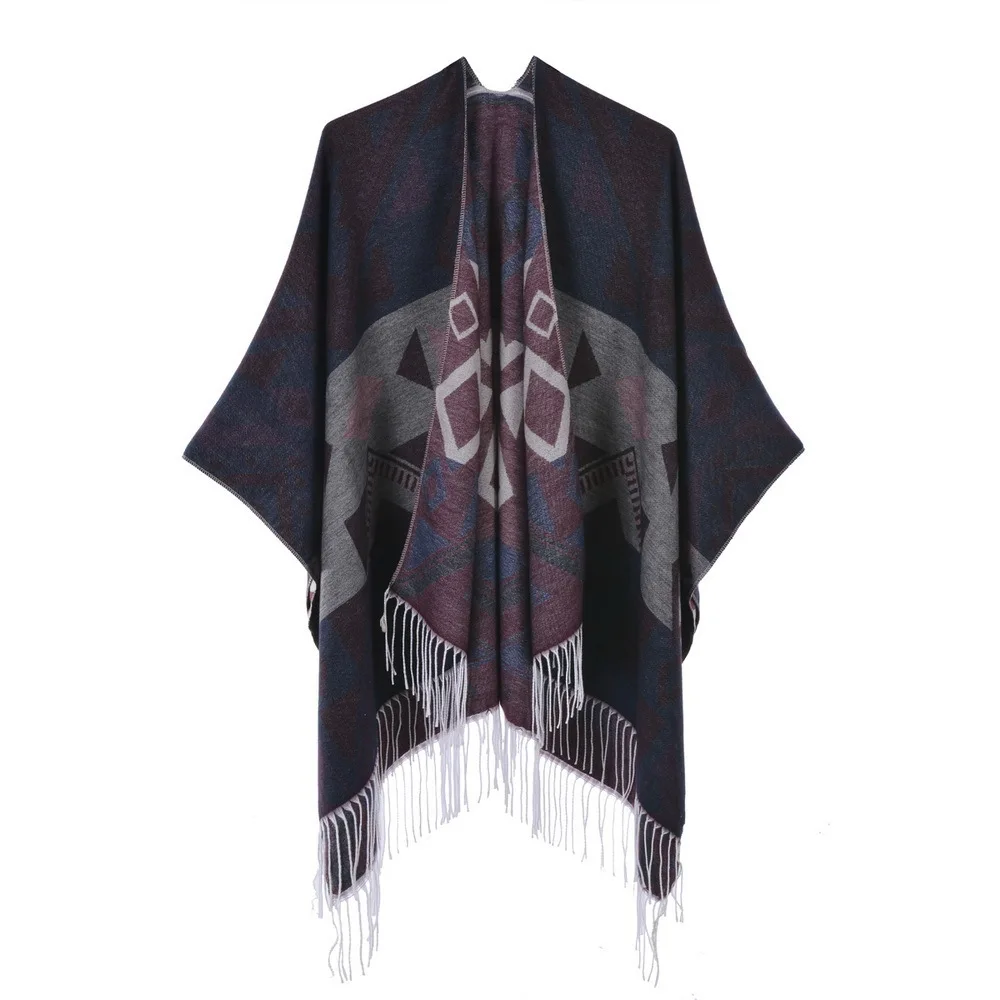 

Autumn Winter Geometric Pattern Knitted Tassels Shawl Women Warm Imitation Cashmere Poncho Lady Capes Black Cloaks