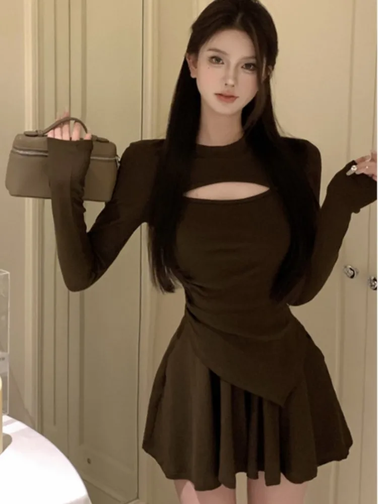 

Sexy Knitted 2 Piece Set Women Long Sleeve Hollow Out Irregular Top + Mini Pleated Skirt Autumn Spring Y2K Korean Fashion Outfit
