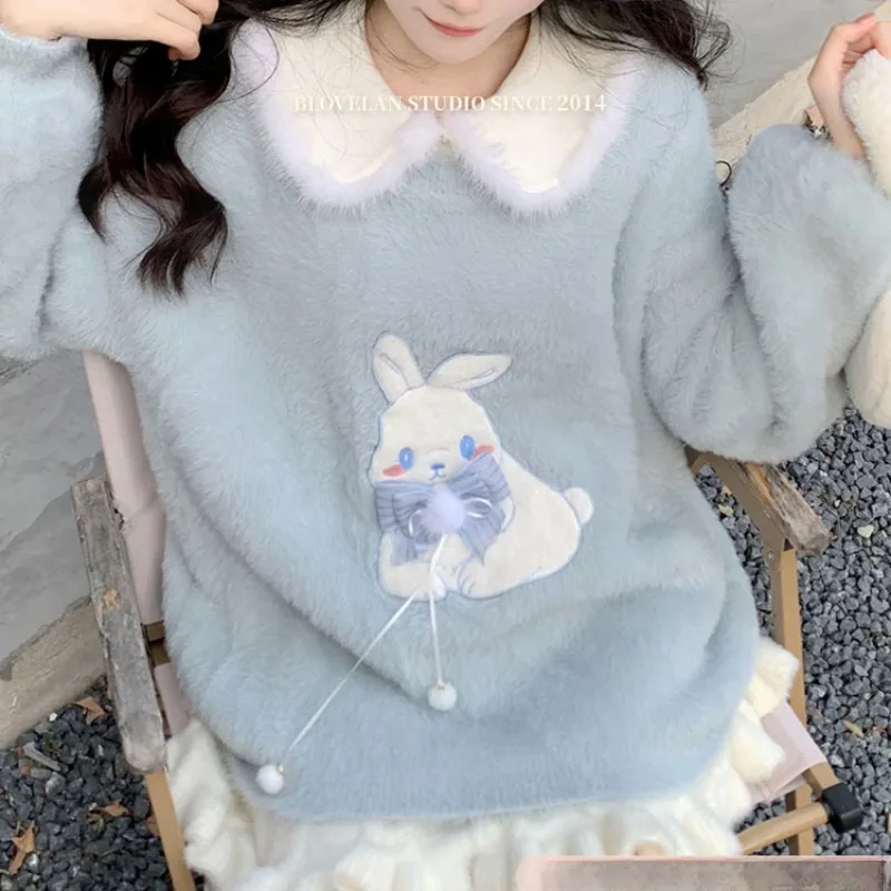 Женский свободный свитер из меха норки голубой вязаный пуловер в японском стиле