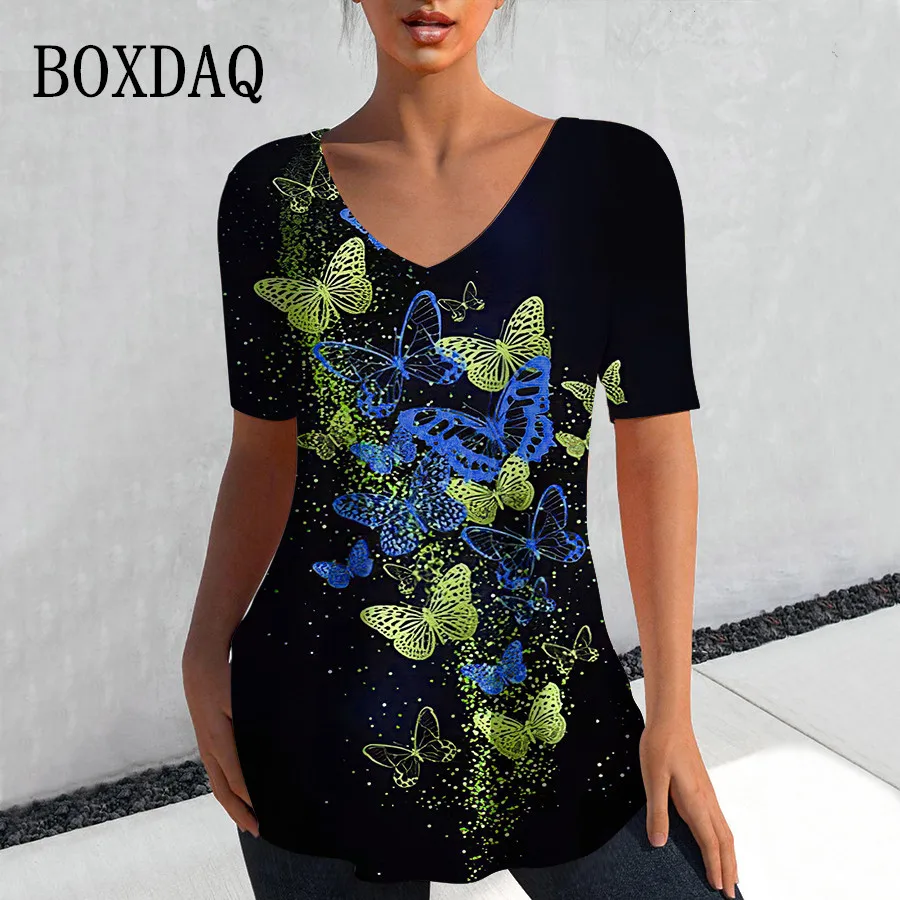 

Летняя женская футболка, модная свободная уличная Футболка С Рисунком бабочки, повседневные женские топы большого размера с коротким рукавом и V-образным вырезом