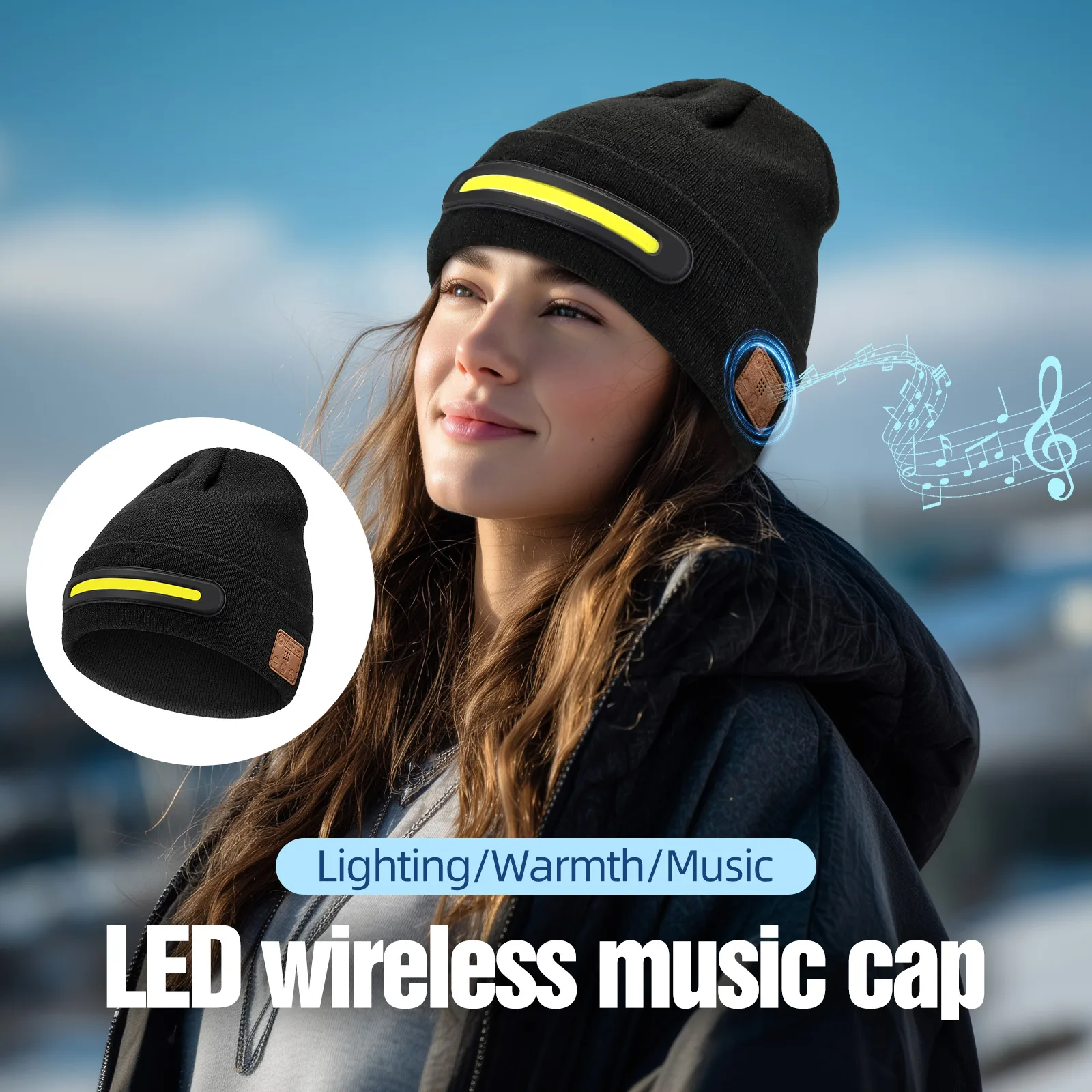 Фото Светодиодная беспроводная музыкальная шапка с подсветкой и Bluetooth-наушниками, перезаряжаемый налобный фонарь, теплая кепка для технического лагеря для ночных работников, бегунов №1
