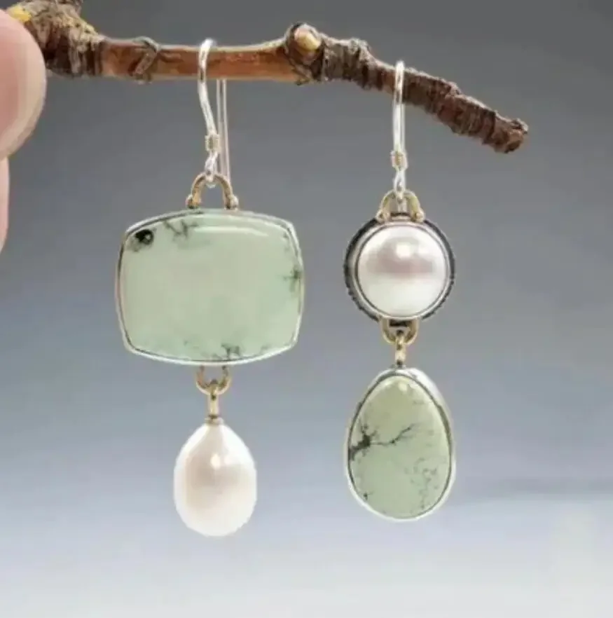 Антикварные геометрические зеленые серьги с цирконием асимметричный жемчуг