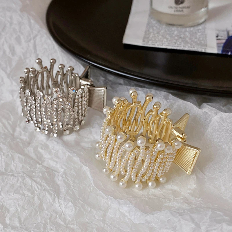 

Gold Sliver Metal Hair Clip Fashion Hair Accessories Shiny Rhinestone Hair Claw Clip Sparkling Pearl Small Shark Clip Catch Clip