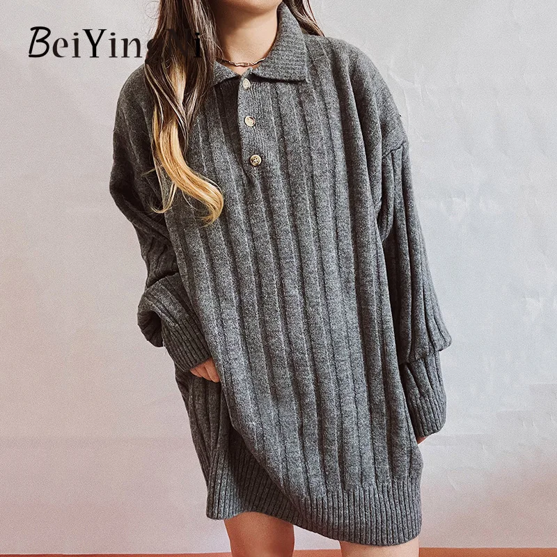 

Beiyingn Women's Vintage Sweater Turndown Collar Buckles Midi Femme Jumper Vintage Casual Thick Knitting Pull 2022 Autumn Winter