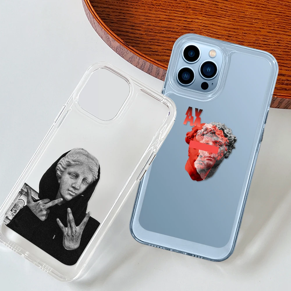 

Clear Shell Funny Abstract Art Statue Phone Case for iPhone 14 13 12 11 Pro Max Mini XS XR X Protection Shell Back Cover Coque