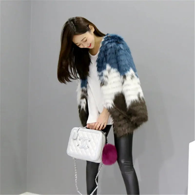 Women's Leather Fur Coat Winter Warm Fur Mid-Length Color Stitching Thickened Coat Artificial Furry Coat Faux Fur Coat