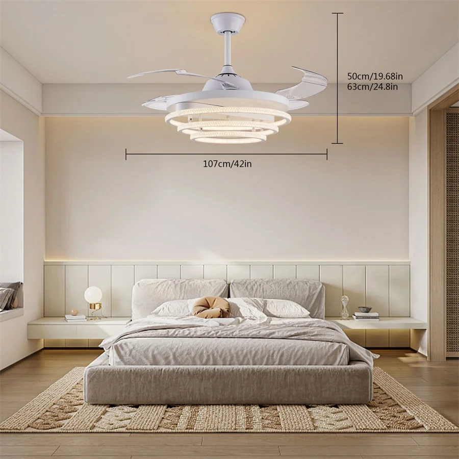 

Retractable Ceiling Fan 42" Silent DC Motor Modern Ceiling Fan Reversible Blades Ceiling Fan with Light Remote Control, 6-Speed