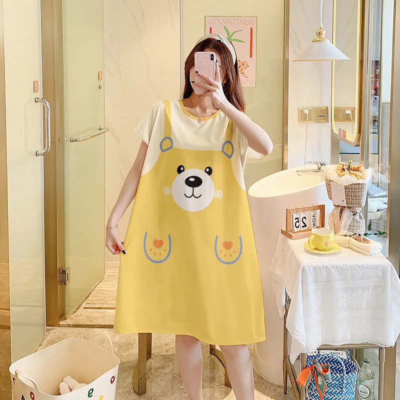 

Summer Home Dress For Women Pajamas Sleepdress Kawaii Bear Nightgown Casual Nightdress Short Sleeve Sleepwear For Young Girls