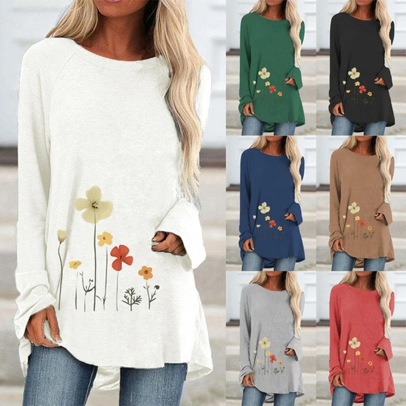Women Fashion Clothing Flowers Printed Casual T-shirt Ladies Long Sleeve Round Neck Pullover Spring and Autumn Tops