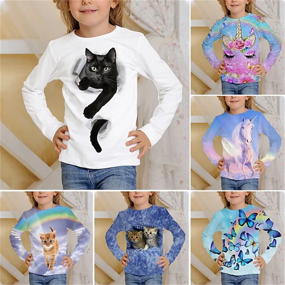 Kids T shirt Animal Casual 3D Print Long Sleeve Active Gril's Tshirt Cute Cat Pattern Children's Clothing 2023 Unisex Top Tees