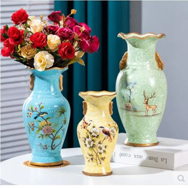 

Home office shop desktop decoration vase, European style living room retro flower and bird pattern ceramic crafts