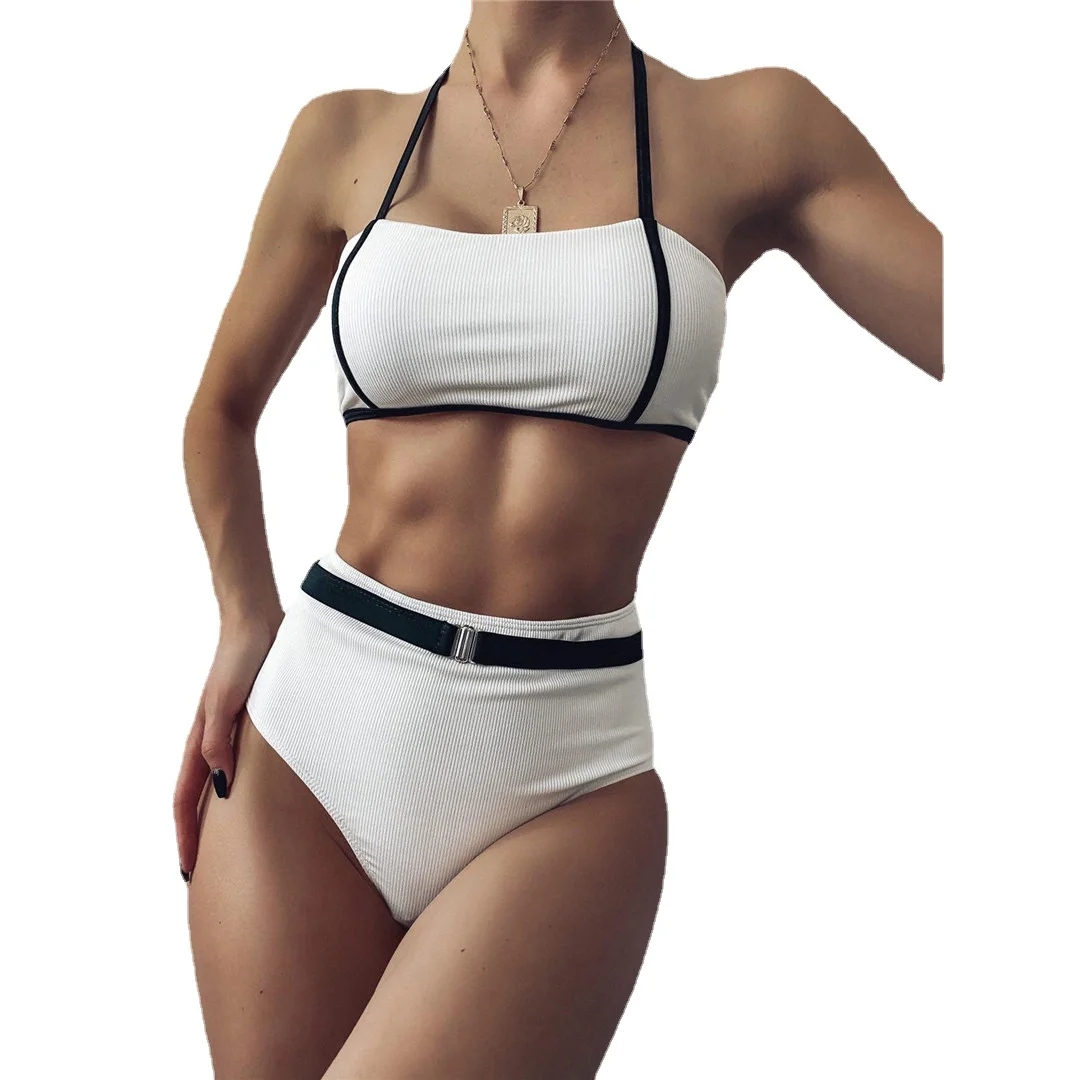 

New Halter Splicing Ribbed Female Swimsuit High Waist Bikini Set with Belted Women Swimwear Two-pieces Bather Bathing Suit Swim
