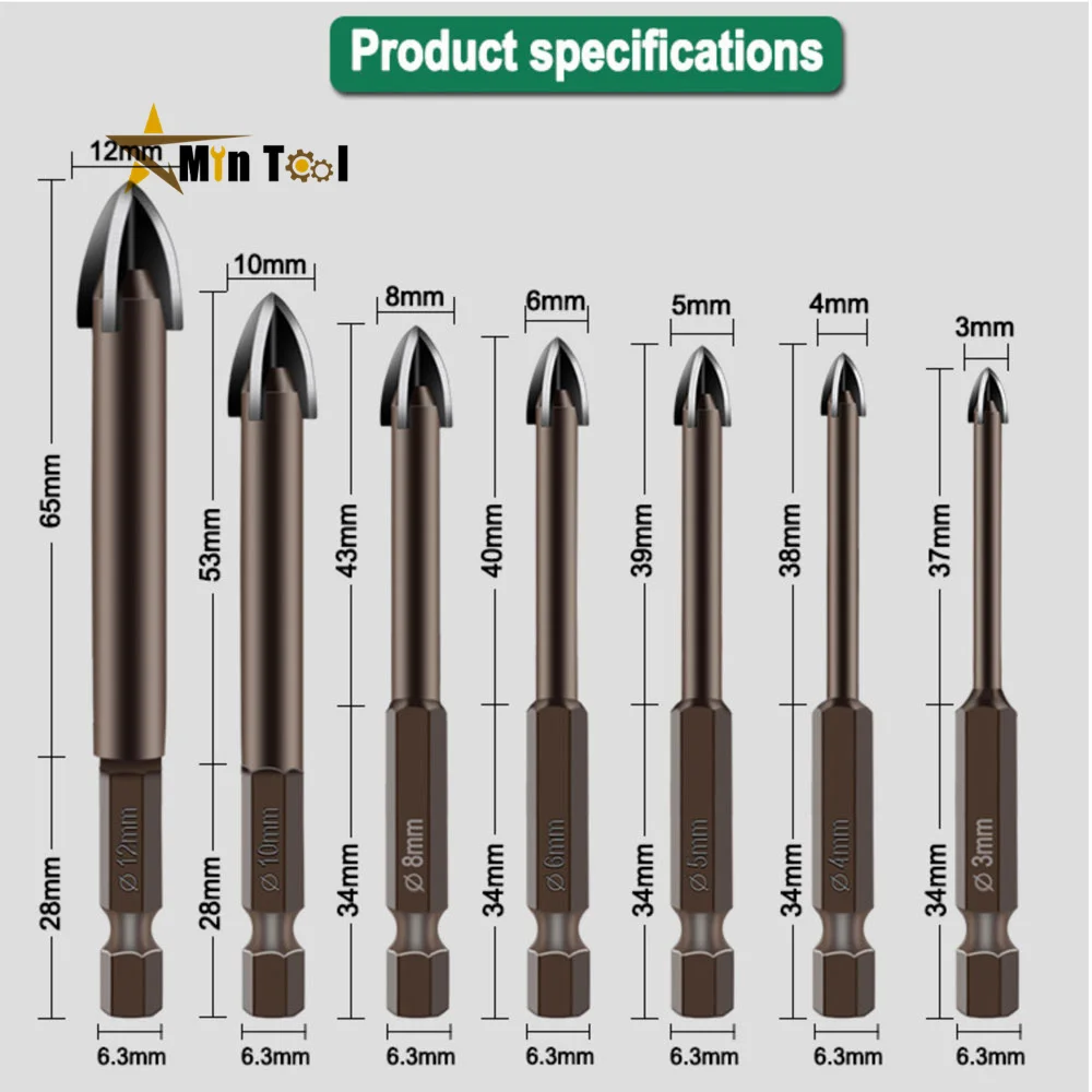 Набор сверл из карбида и стекла комплект 7 твердосплавных насадок с 4 режущими