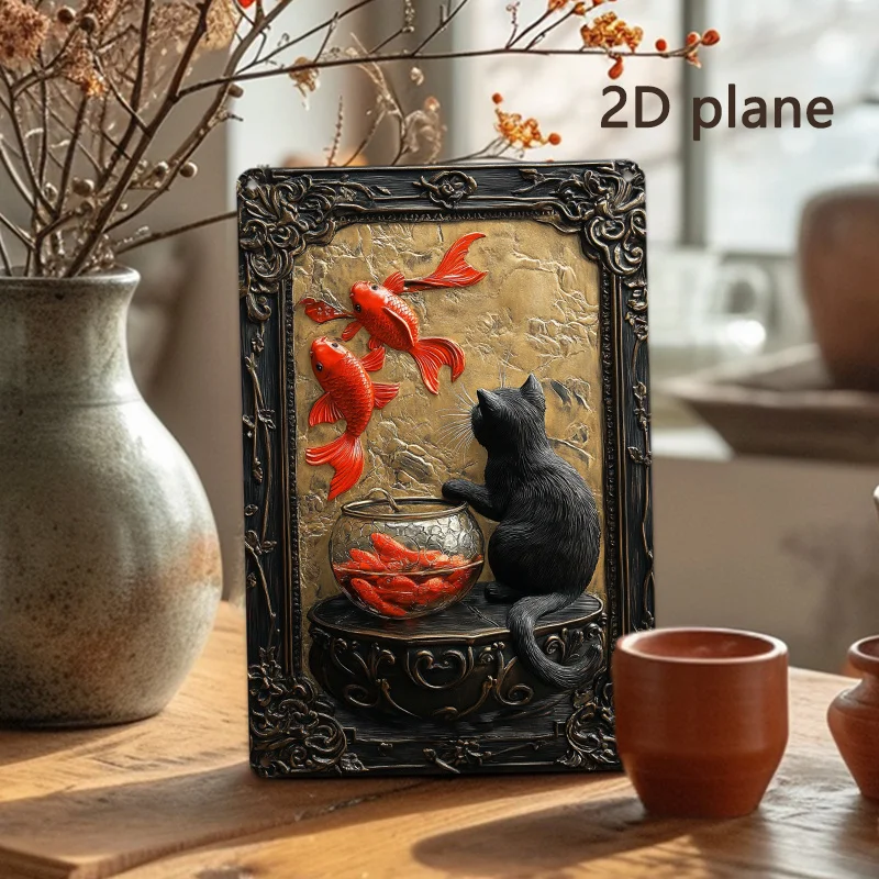 Декор комнаты 1 шт. Черный кот и пруд кои 3D алюминиевый настенный рисунок
