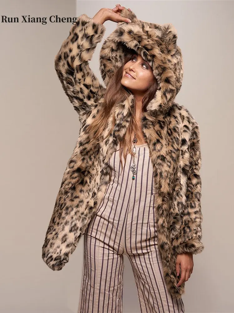 Women's Long Faux Fur Coat 2023 Women's Winter Furry Jackets New Elegant Stuffed Coat Woman Luxury Designer Plush Coat with Hat