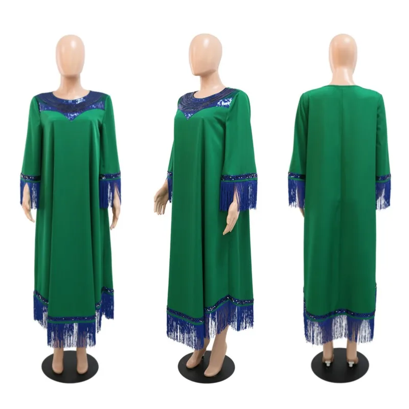 Fringed Sequins Green Maxi Dress Muslim Abaya Fashion Party African Dresses For Women Loose Ladies Traditional African Clothing