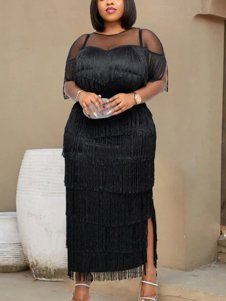 

Элегантное женское вечернее платье для выпускного черное платье с бахромой прозрачное Сетчатое лоскутное винтажное длинное платье большо...