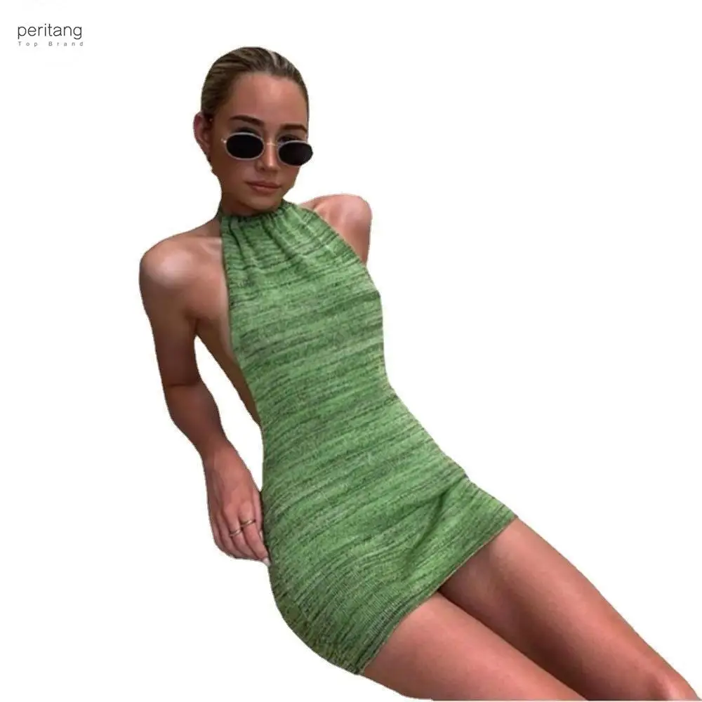 

Женское облегающее мини-платье с лямкой на шее, зеленое обтягивающее трикотажное пляжное платье без рукавов с открытой спиной для клуба, уличная одежда на лето