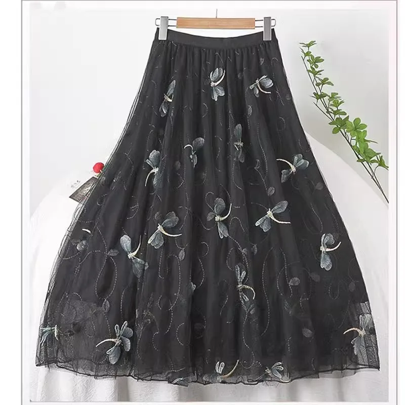 

Stylish Large Size Floral Skirt for Women Clothing Elegant Party High Waisted Embroidered Dragonfly Tulle Mesh Skirt BC122