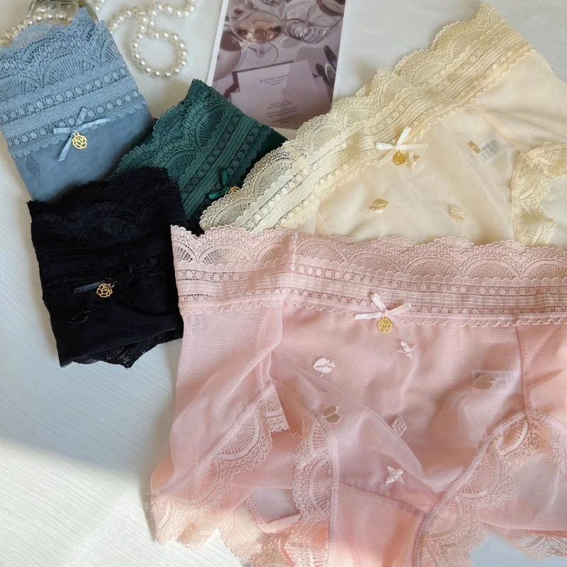 

New High Waist Mesh Translucent Jacquard Breathable Women's Sexy Panties Bow Lace Trim Cotton Crotch Girl Cute Lolita Briefs