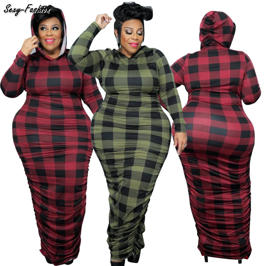 

Somoshein Xl-5xl Autumn Clothes Hooded Dresses For Women Casual Fahison Plaid Printed Pleated Long Dress Wholesale Dropshipping