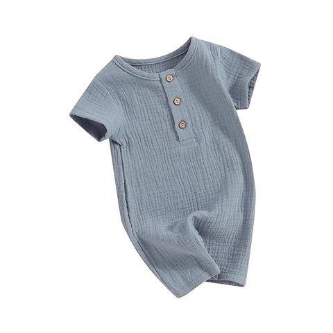 Комбинезон для новорожденных мальчиков из хлопка и льна, короткий однотонный комбинезон, боди на пуговицах, летняя одежда